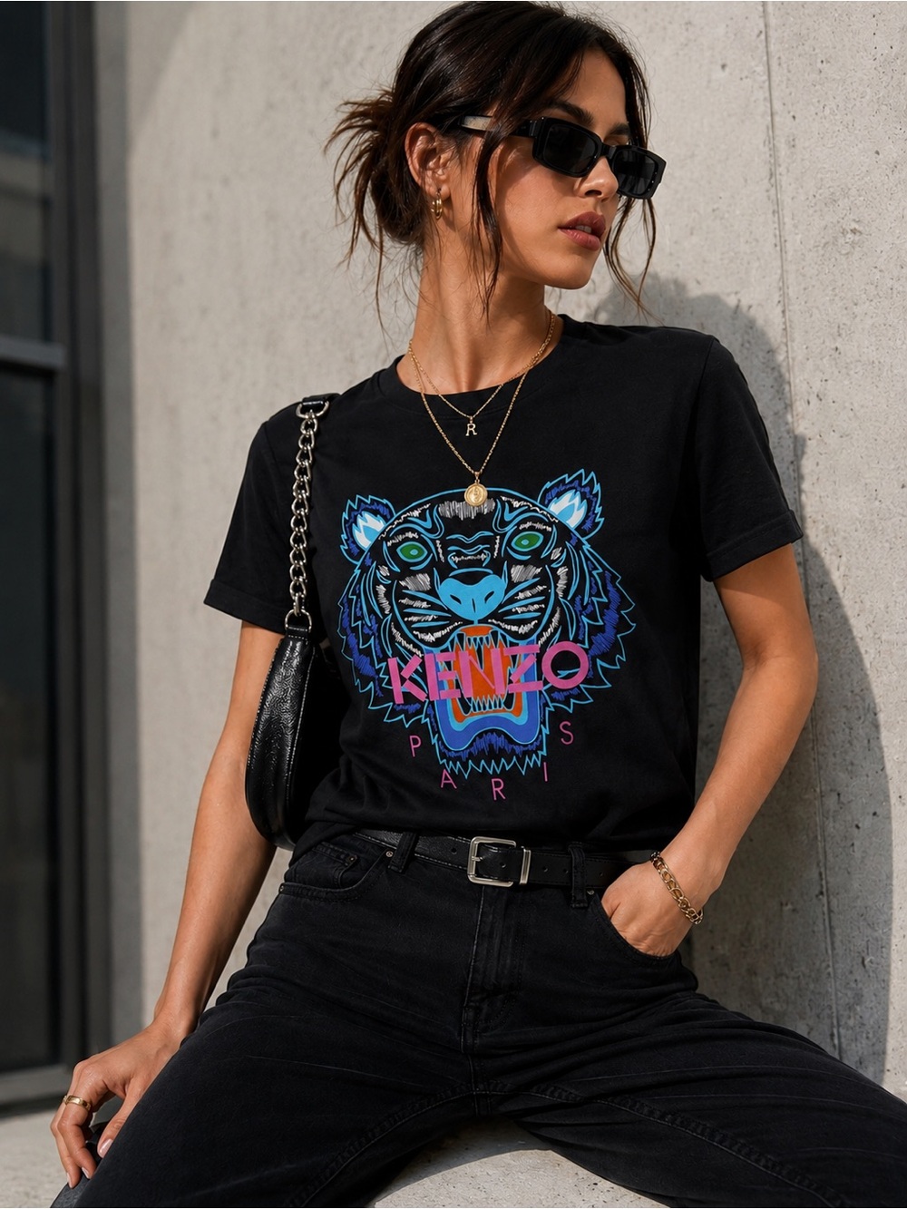 Kenzo Paris Tiger Logo Graphic T-Shirt Black Cotton Tee Size Medium